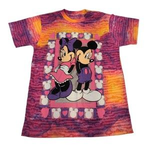 Vtg AMI 90's Single Stitch Tie-Dye Mickey Minnie Mouse T-Shirt Small Orange Purp